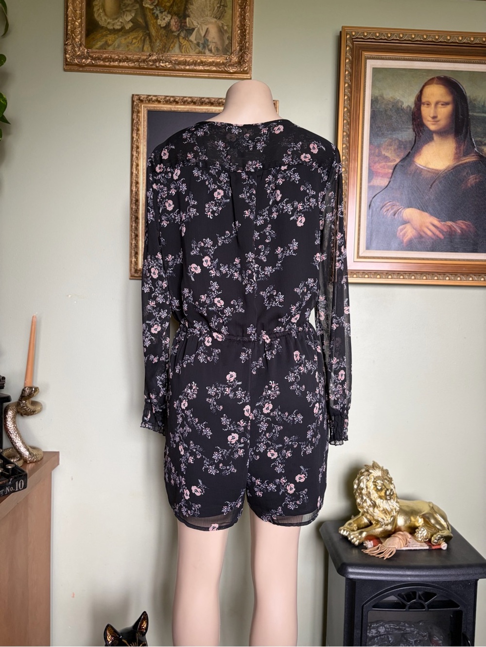Mossimo Supply Co. Black Floral Long-Sleeve Shorts Romper Size L Cottagecore - Picture 14 of 16